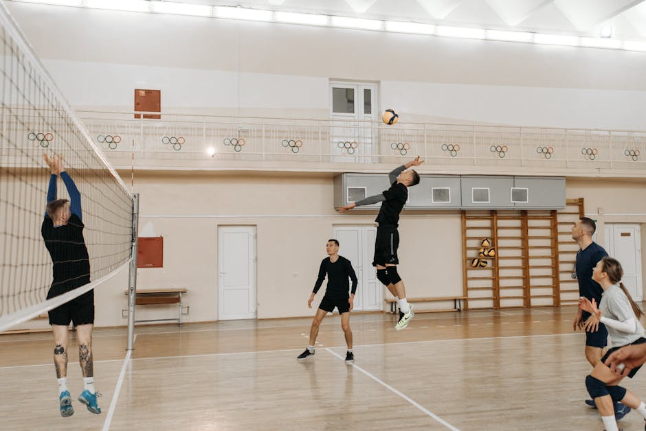 활기찬 배구 경기 코트 위 선수들의 모습